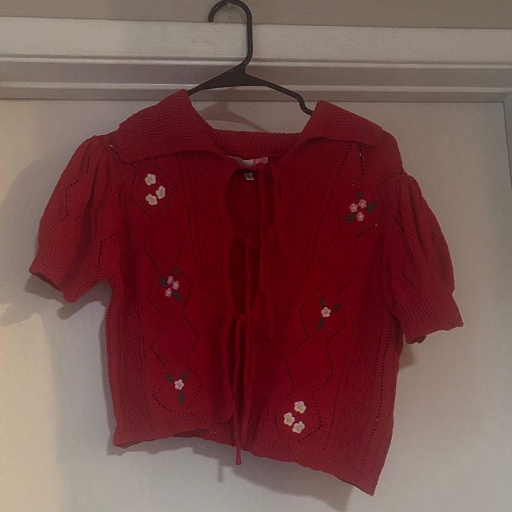 Red Knit Cardigan with Floral Embroidery